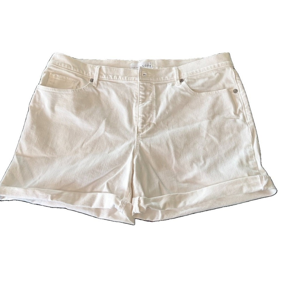 LOFT Ann Taylor White Denim Jean Shorts Women's Size 12 Mid Rise Rolled Cuff - Picture 6 of 6